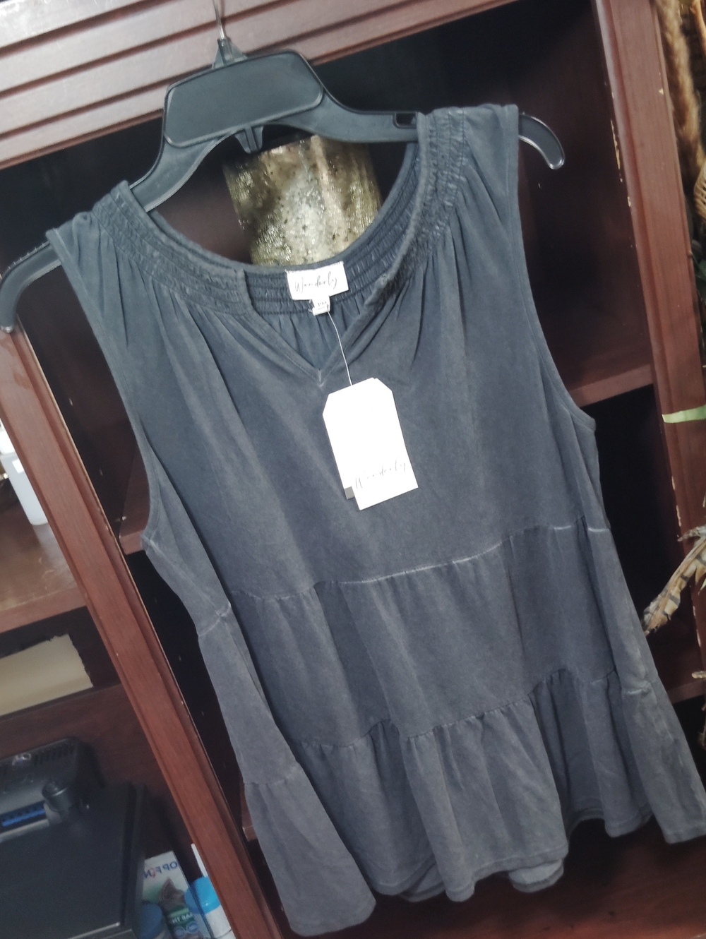 Wonderly Sleeveless Tiered Tunic Tank - Charcoal